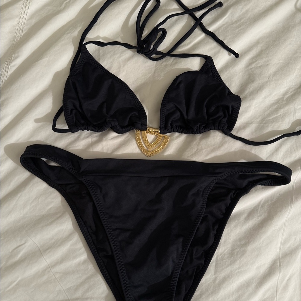 Sleek Black Triangle Bikini with Gold Accent